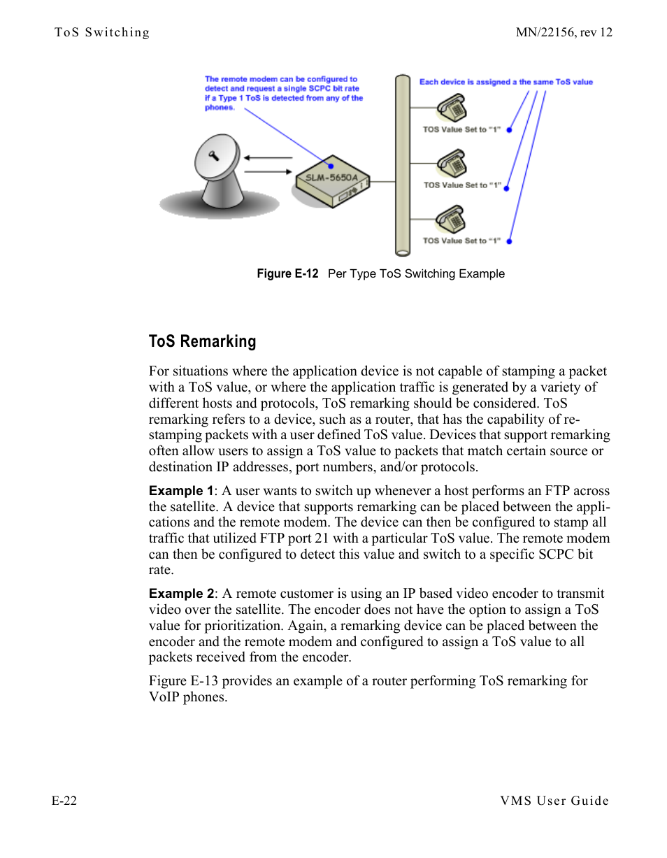 Tos remarking, Tos remarking . . . . . . . . . . . . e-22, Figure e-12 per type tos switching example | Comtech EF Data VMS v3.12.x Vipersat User Manual | Page 478 / 558