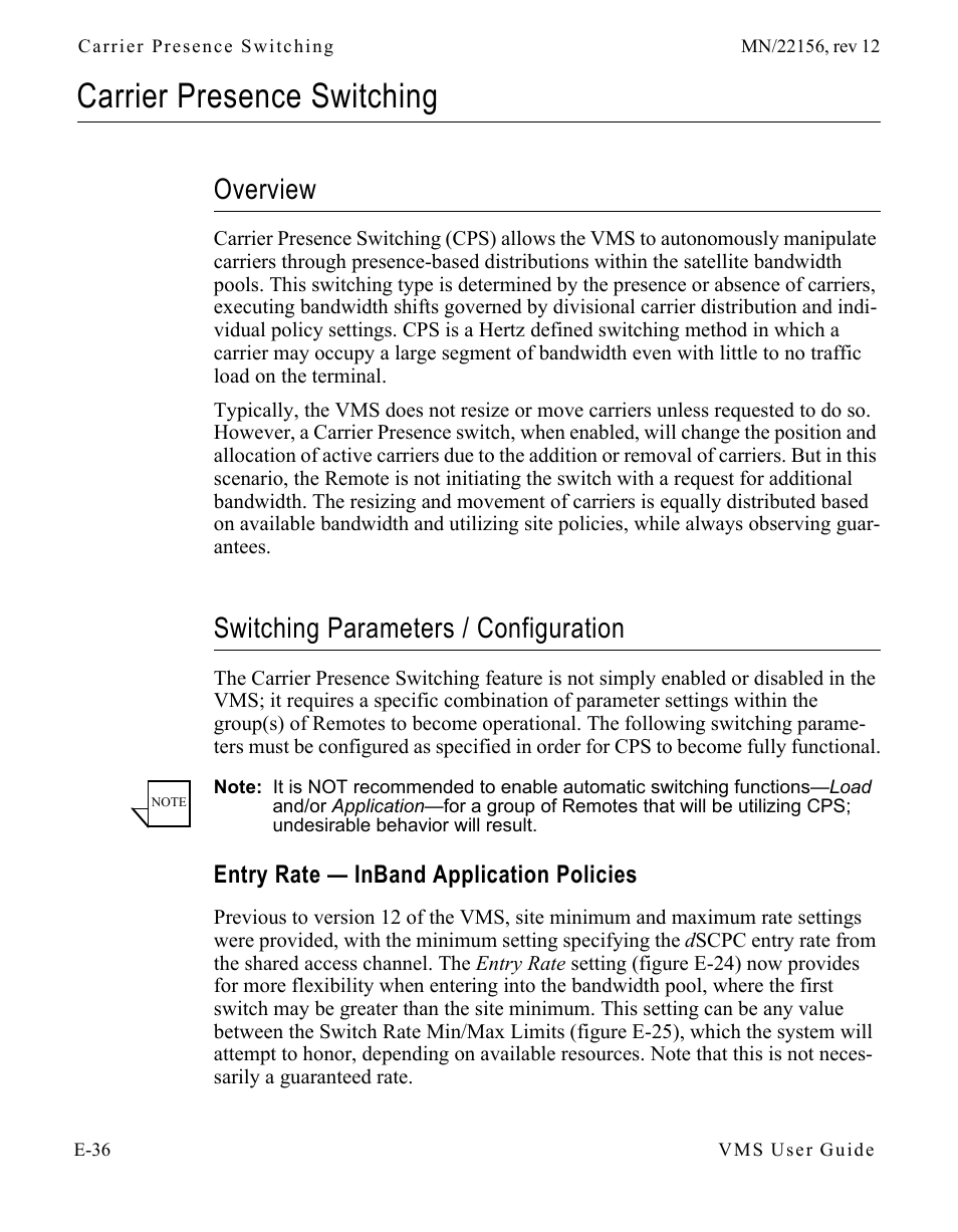Carrier presence switching, Overview, Switching parameters / configuration | Entry rate — inband application policies, Carrier presence switching . . . . . . . . . e-36, E-36 | Comtech EF Data VMS v3.12.x Vipersat User Manual | Page 492 / 558