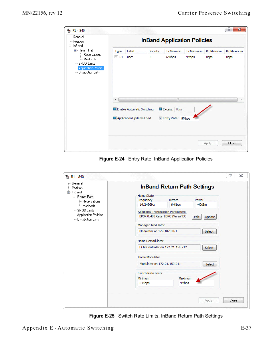 Figure e-24 entry rate, inband application, Policies, Figure e-25 switch rate limits, inband return | Path settings | Comtech EF Data VMS v3.12.x Vipersat User Manual | Page 493 / 558