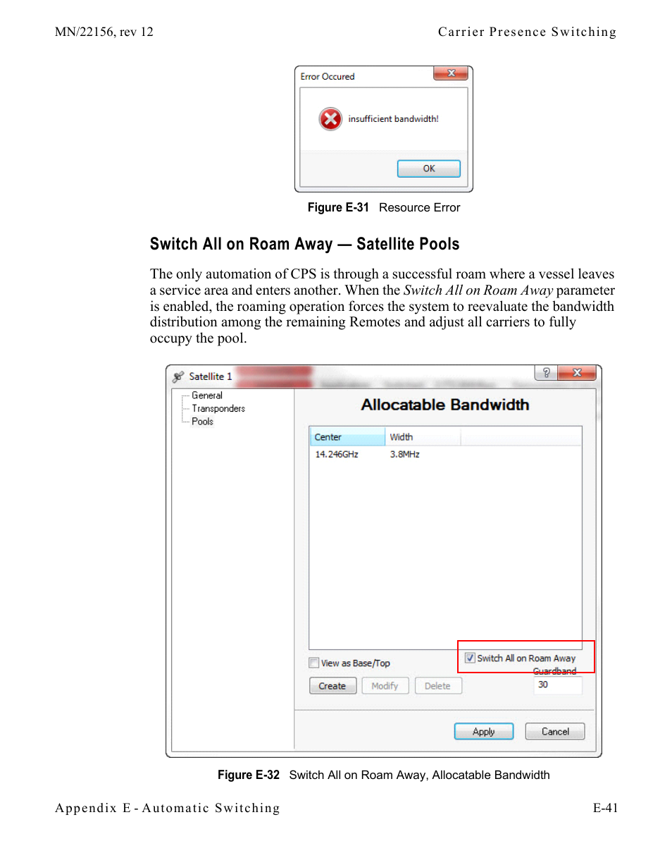 Switch all on roam away — satellite pools, E-41, Figure e-31 resource error | Figure e-32 switch all on roam away, allocatable, Bandwidth | Comtech EF Data VMS v3.12.x Vipersat User Manual | Page 497 / 558