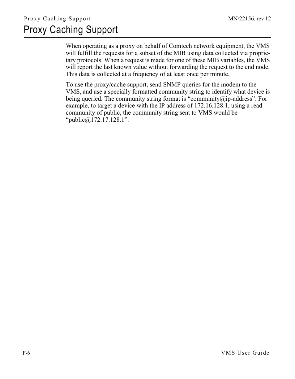 Proxy caching support, Proxy caching support . . . . . . . . . . . . f-6 | Comtech EF Data VMS v3.12.x Vipersat User Manual | Page 504 / 558