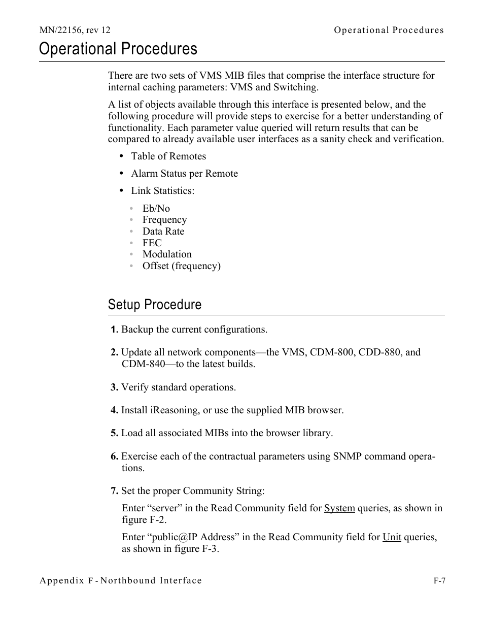 Operational procedures, Setup procedure, Operational procedures . . . . . . . . . . . . f-7 | Setup procedure. . . . . . . . . . . . . . . f-7 | Comtech EF Data VMS v3.12.x Vipersat User Manual | Page 505 / 558