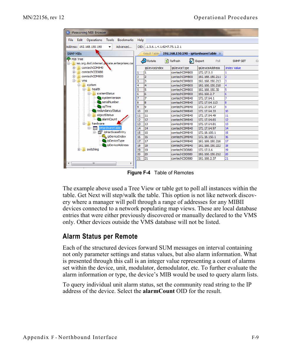 Alarm status per remote, Alarm status per remote . . . . . . . . f-9, Figure f-4 table of remotes | Comtech EF Data VMS v3.12.x Vipersat User Manual | Page 507 / 558