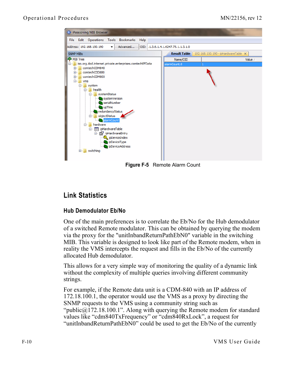 Link statistics, Hub demodulator eb/no, Link statistics . . . . . . . . . . . . . f-10 | Hub demodulator eb/no . . . . . . f-10, Figure f-5 remote alarm count | Comtech EF Data VMS v3.12.x Vipersat User Manual | Page 508 / 558