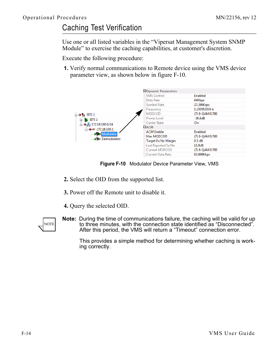 Caching test verification, Caching test verification . . . . . . . . . f-14, Figure f-10 modulator device parameter view | Comtech EF Data VMS v3.12.x Vipersat User Manual | Page 512 / 558