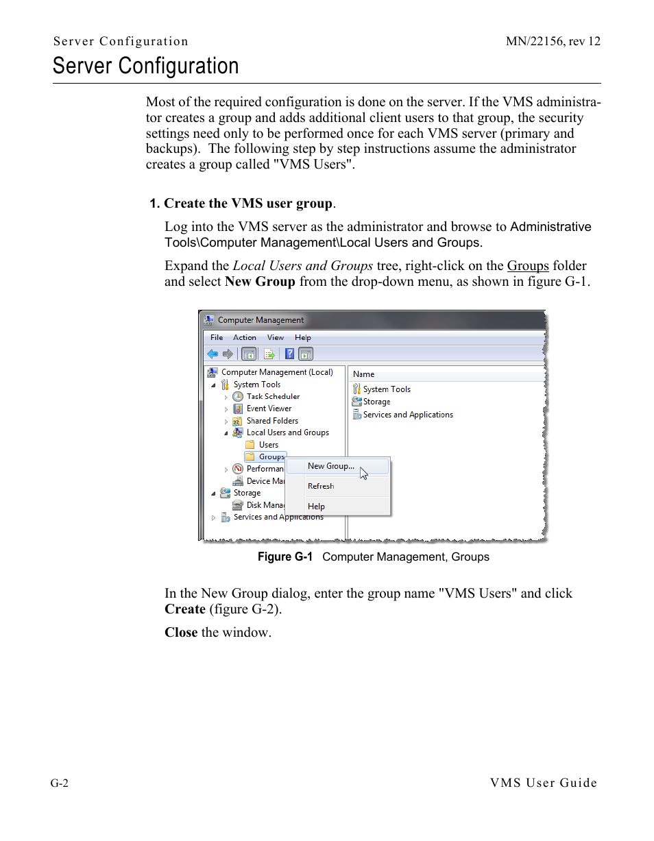 Server configuration, Server configuration . . . . . . . . . . . . . g-2, Figure g-1 computer management, groups | Comtech EF Data VMS v3.12.x Vipersat User Manual | Page 518 / 558