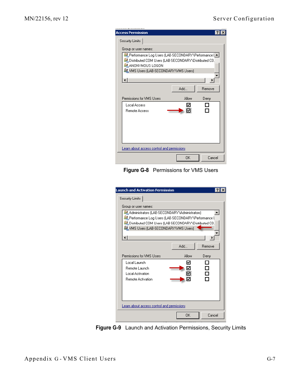 Figure g-8 permissions for vms users, Figure g-9 launch and activation permissions, Security limits | Comtech EF Data VMS v3.12.x Vipersat User Manual | Page 523 / 558