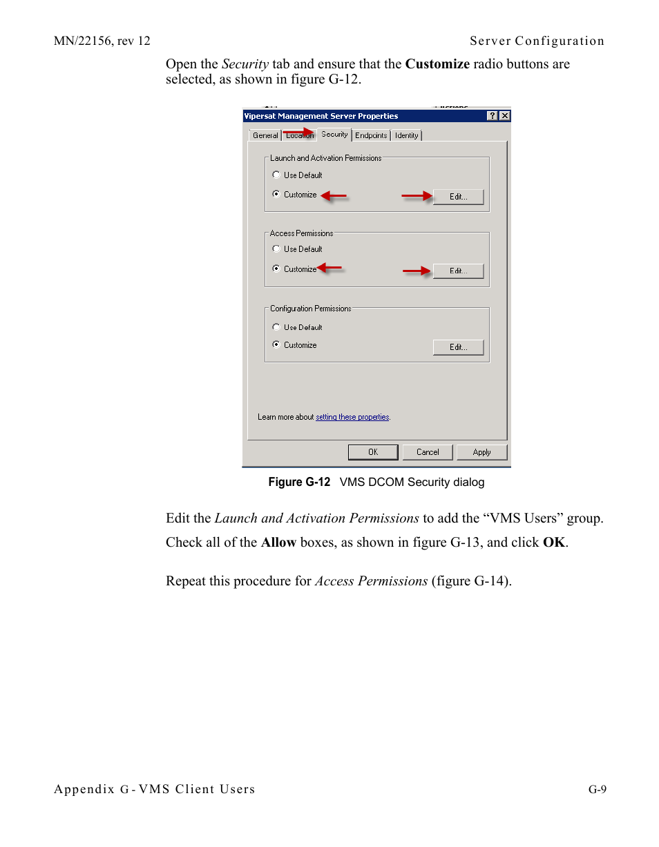 Figure g-12 vms dcom security dialog | Comtech EF Data VMS v3.12.x Vipersat User Manual | Page 525 / 558