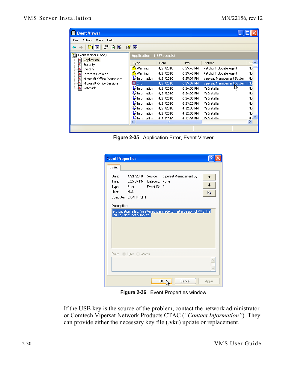 Figure 2-35 application error, event viewer, Figure 2-36 event properties window | Comtech EF Data VMS v3.12.x Vipersat User Manual | Page 70 / 558