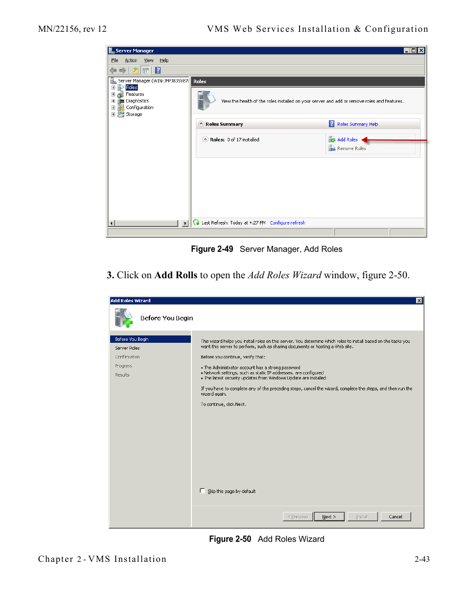 Figure 2-49 server manager, add roles, Figure 2-50 add roles wizard | Comtech EF Data VMS v3.12.x Vipersat User Manual | Page 83 / 558