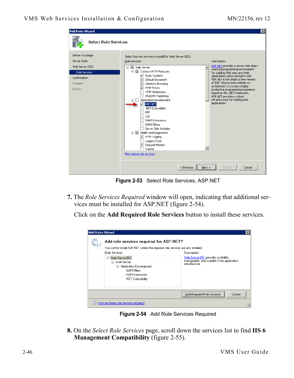 Figure 2-53 select role services, asp.net, Figure 2-54 add role services required | Comtech EF Data VMS v3.12.x Vipersat User Manual | Page 86 / 558