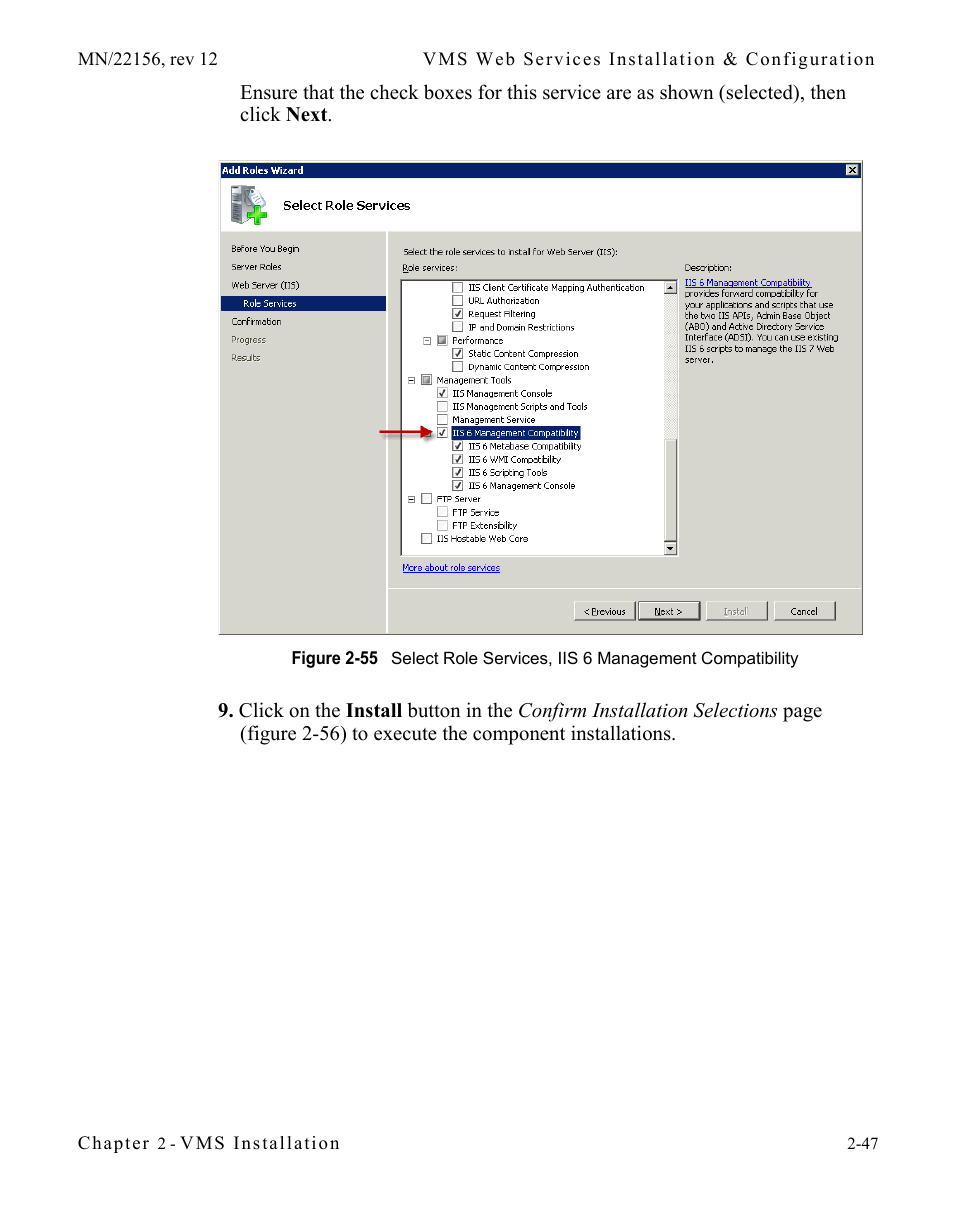 Figure 2-55 select role services, iis 6, Management compatibility | Comtech EF Data VMS v3.12.x Vipersat User Manual | Page 87 / 558