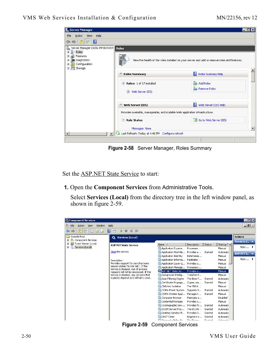 Figure 2-58 server manager, roles summary2, Figure 2-59 component services | Comtech EF Data VMS v3.12.x Vipersat User Manual | Page 90 / 558