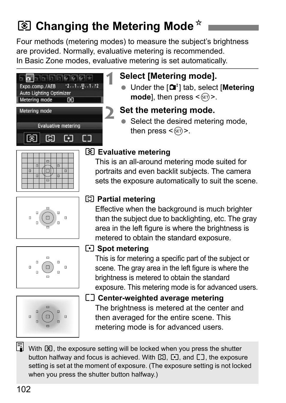 Changing the metering mode, Qchanging the metering mode n | Canon EOS 600D User Manual | Page 102 / 328