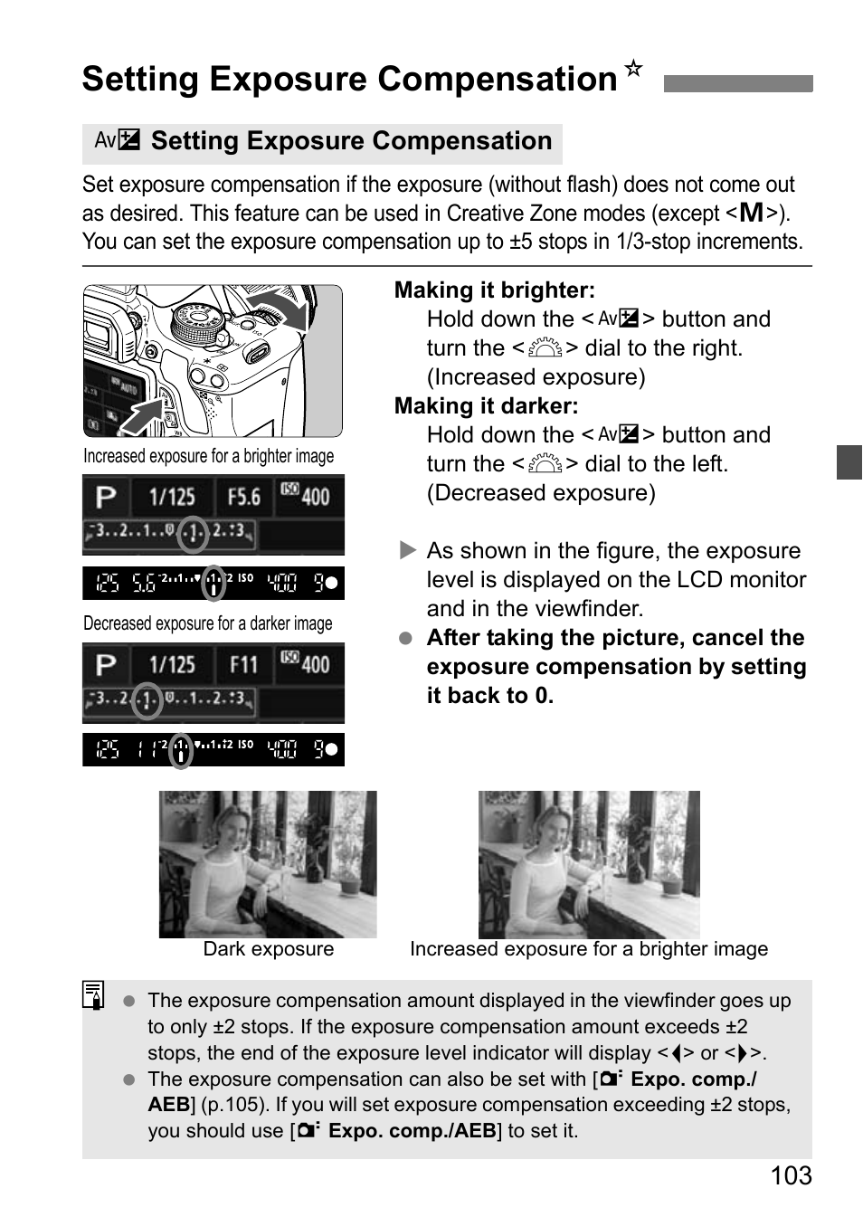 Setting exposure compensation, Setting exposure compensation n, Osetting exposure compensation | Canon EOS 600D User Manual | Page 103 / 328