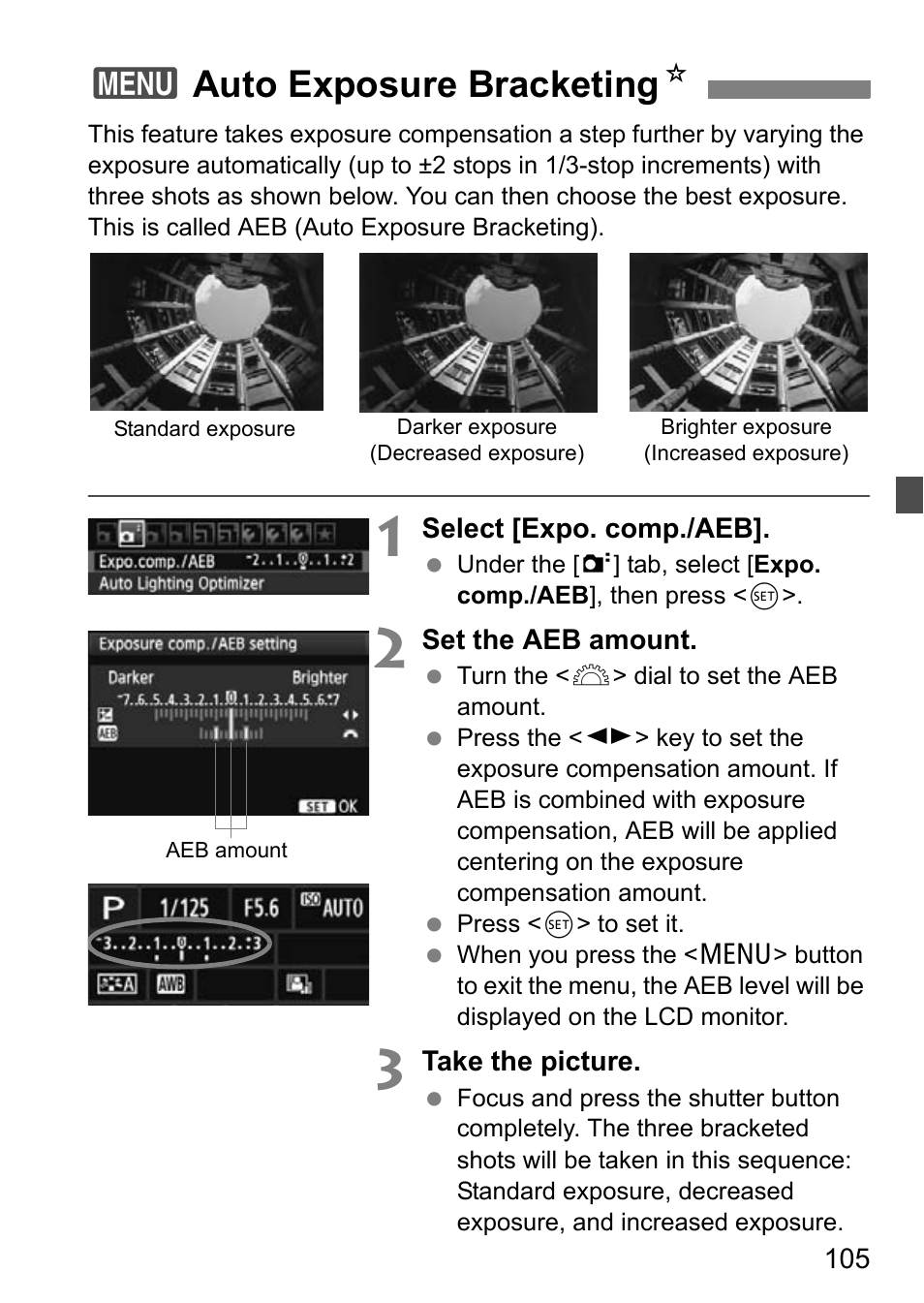 Auto exposure bracketing, 3auto exposure bracketing n | Canon EOS 600D User Manual | Page 105 / 328