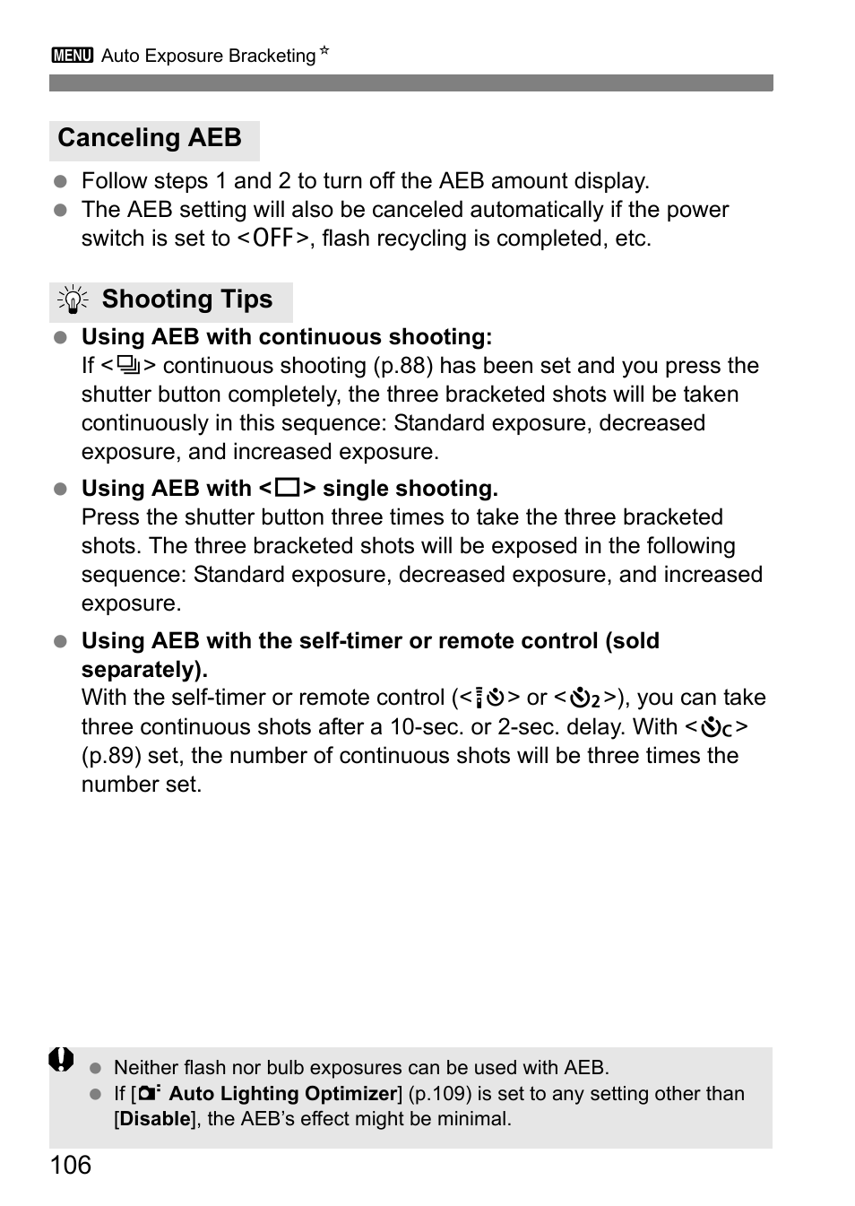 Canceling aeb shooting tips | Canon EOS 600D User Manual | Page 106 / 328