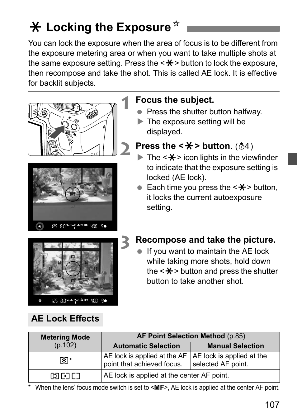 Locking the exposure, Alocking the exposure n | Canon EOS 600D User Manual | Page 107 / 328