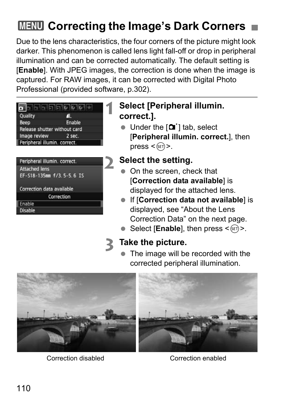 Correcting the image’s dark corners, 3correcting the image’s dark corners | Canon EOS 600D User Manual | Page 110 / 328