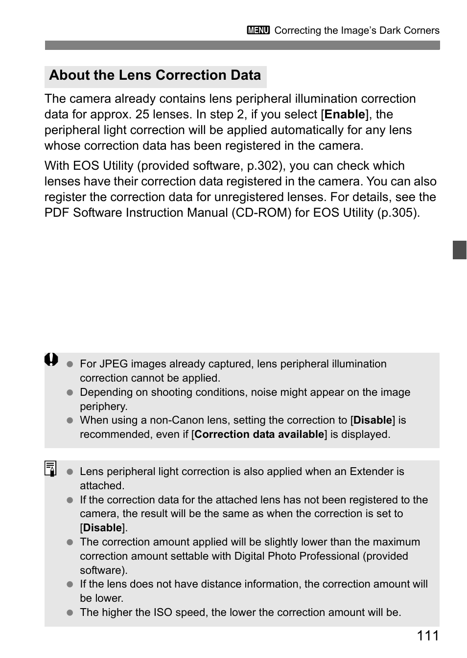 About the lens correction data | Canon EOS 600D User Manual | Page 111 / 328