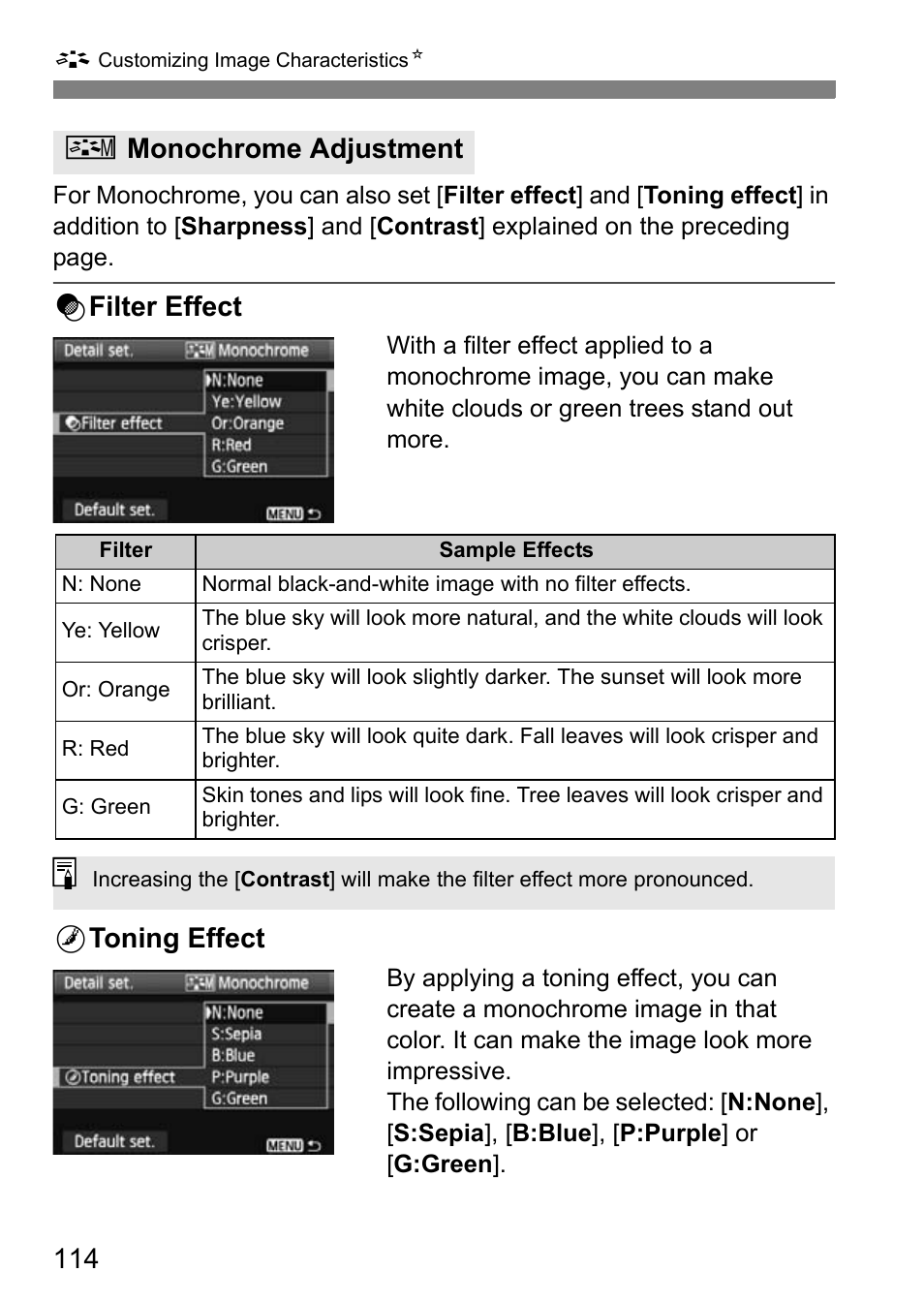 Kfilter effect, Ltoning effect, Vmonochrome adjustment | Canon EOS 600D User Manual | Page 114 / 328