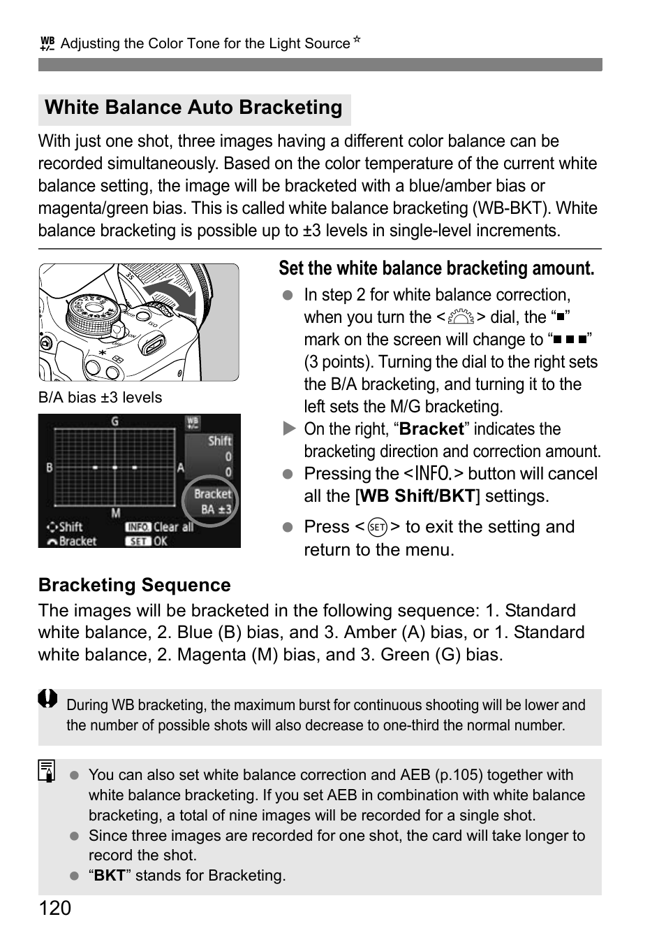 Set the white balance bracketing amount, White balance auto bracketing | Canon EOS 600D User Manual | Page 120 / 328