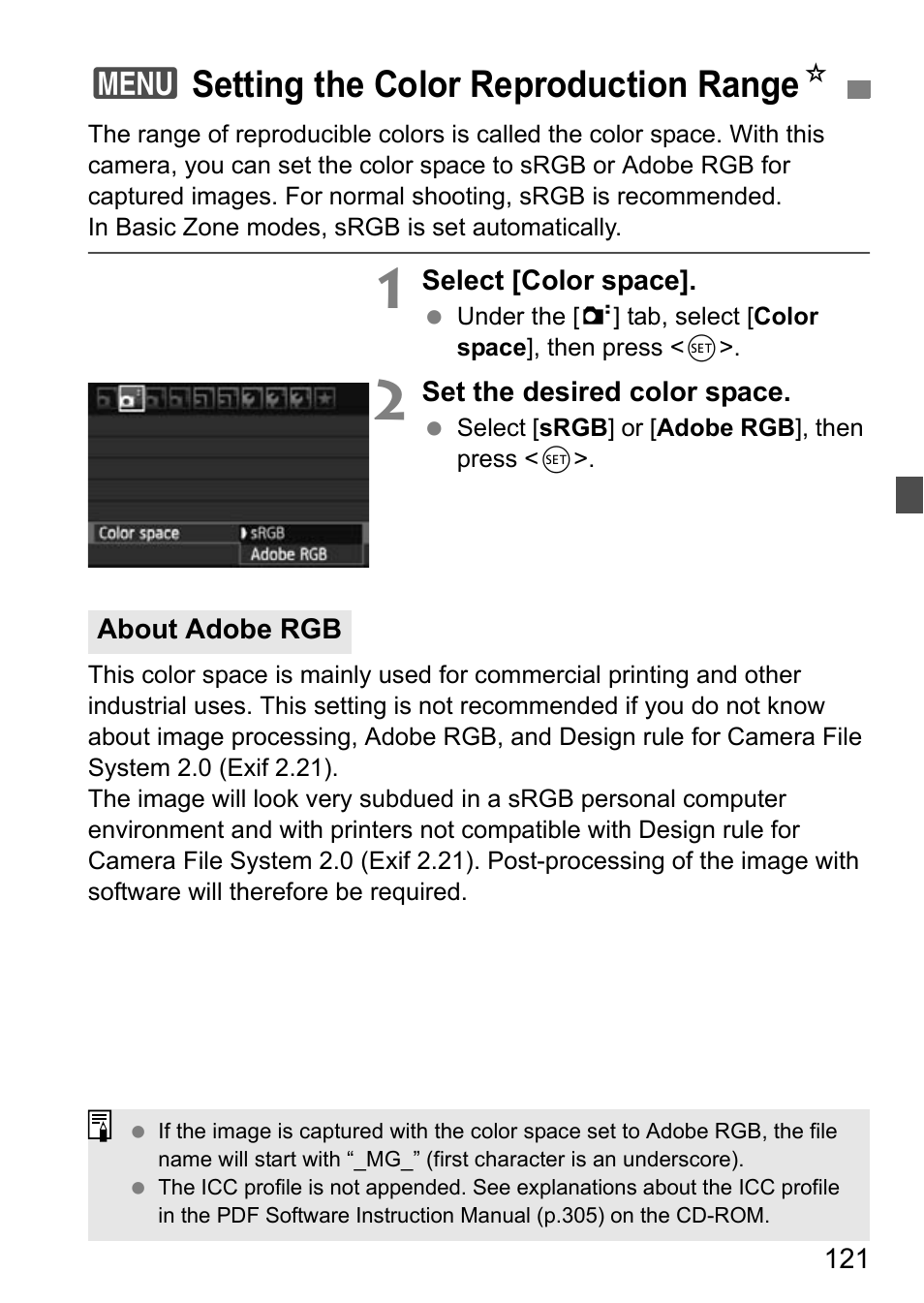 Setting the color reproduction range, 3setting the color reproduction range n | Canon EOS 600D User Manual | Page 121 / 328