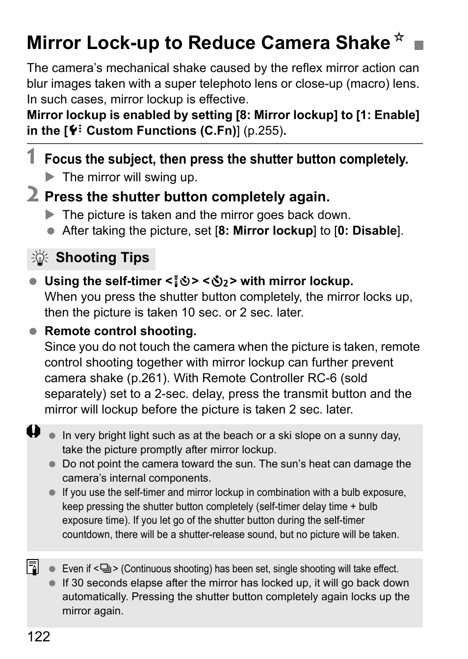 Mirror lock-up to reduce camera shake, Mirror lock-up to reduce camera shake n | Canon EOS 600D User Manual | Page 122 / 328