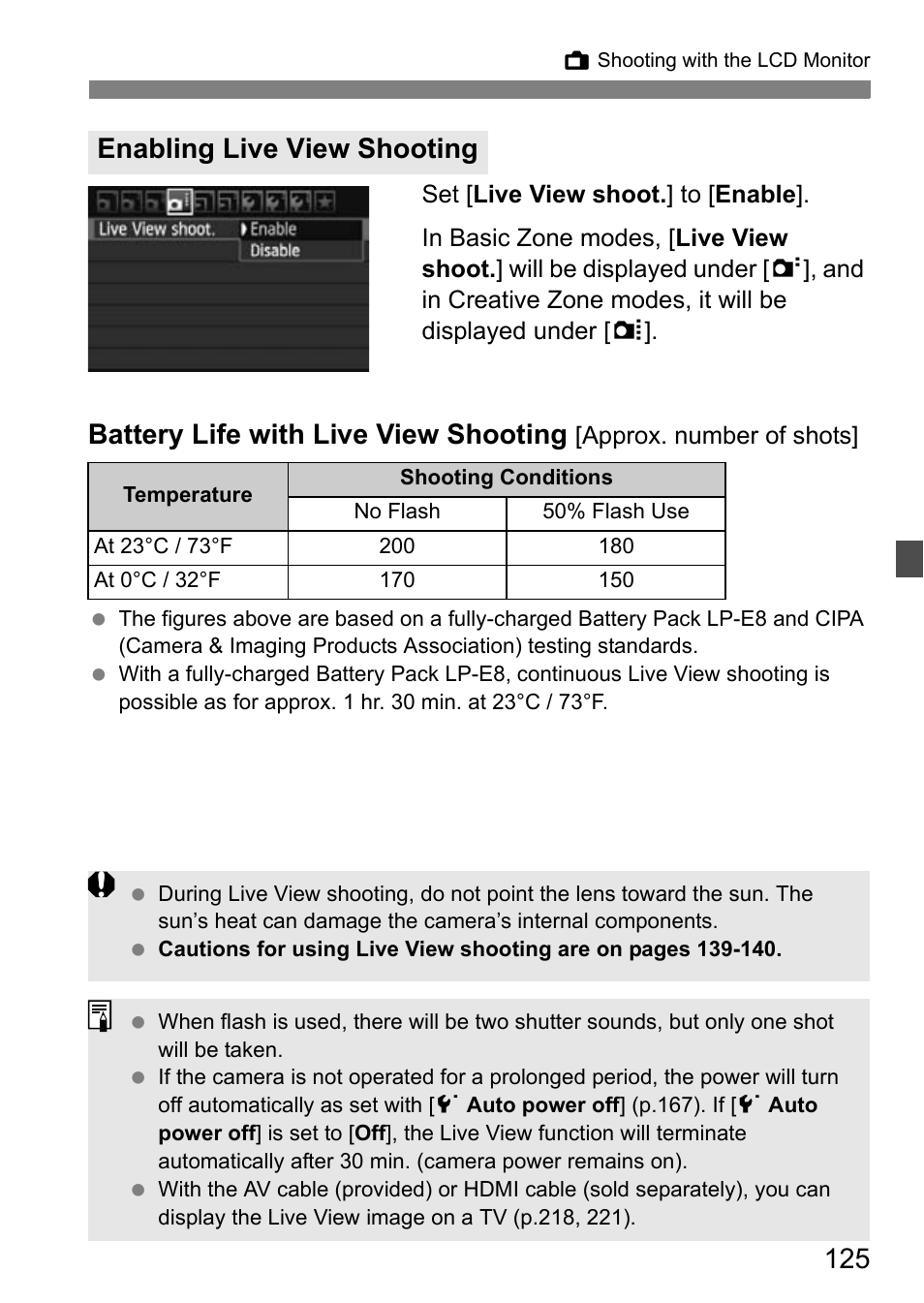 Battery life with live view shooting, Enabling live view shooting | Canon EOS 600D User Manual | Page 125 / 328