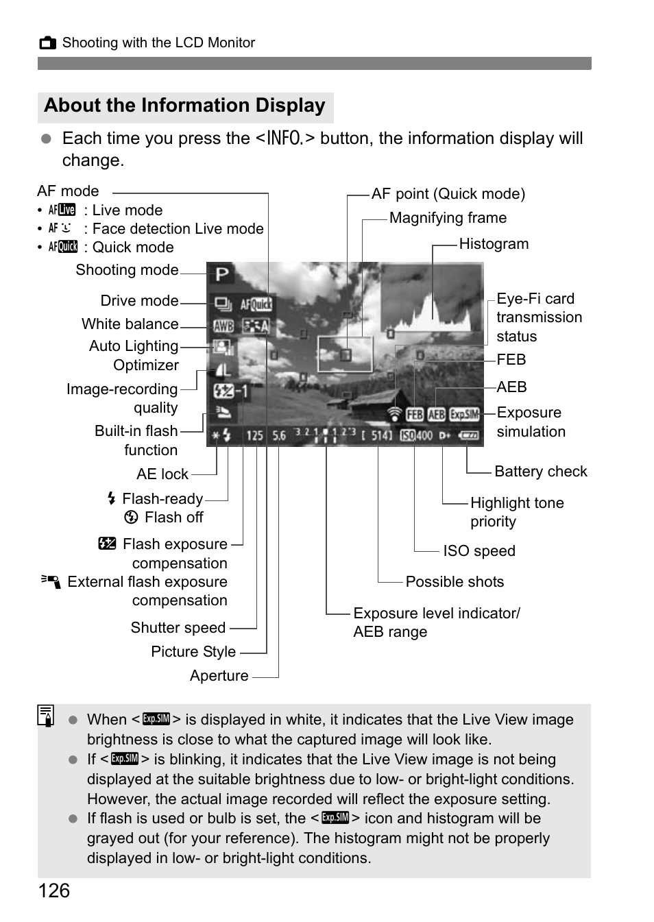 About the information display | Canon EOS 600D User Manual | Page 126 / 328