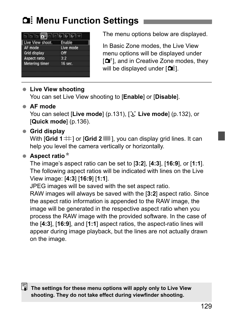 Menu function settings, Z menu function settings | Canon EOS 600D User Manual | Page 129 / 328