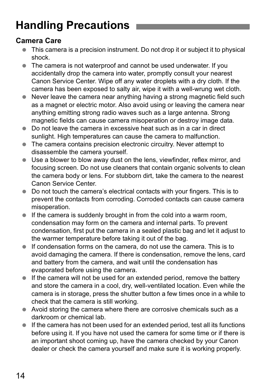 Handling precautions | Canon EOS 600D User Manual | Page 14 / 328
