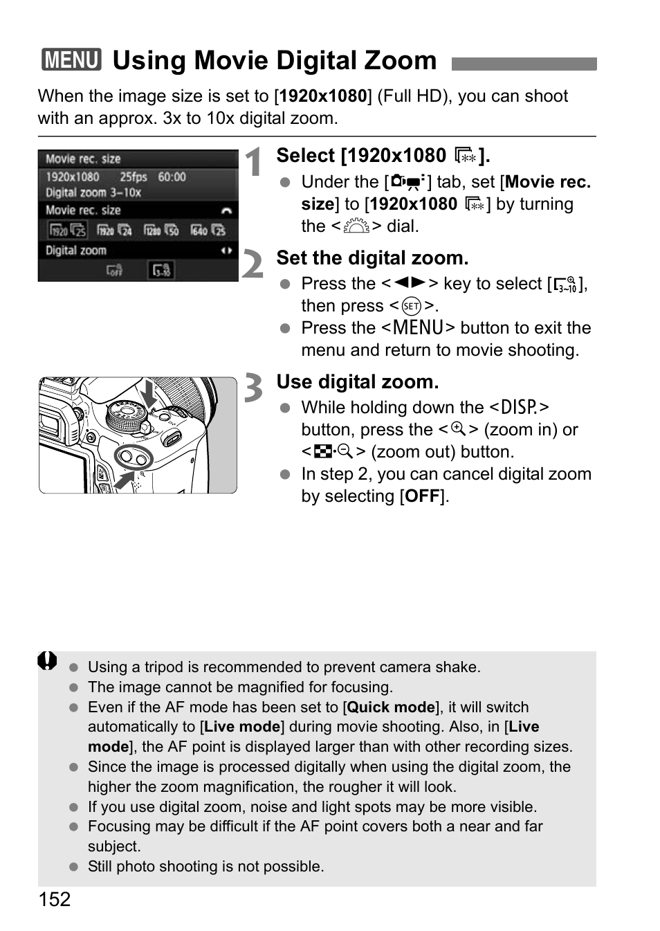 Using movie digital zoom, 3using movie digital zoom | Canon EOS 600D User Manual | Page 152 / 328