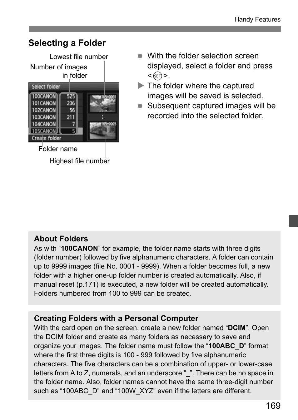 Selecting a folder | Canon EOS 600D User Manual | Page 169 / 328