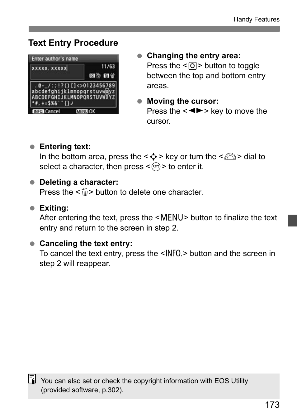 Text entry procedure | Canon EOS 600D User Manual | Page 173 / 328