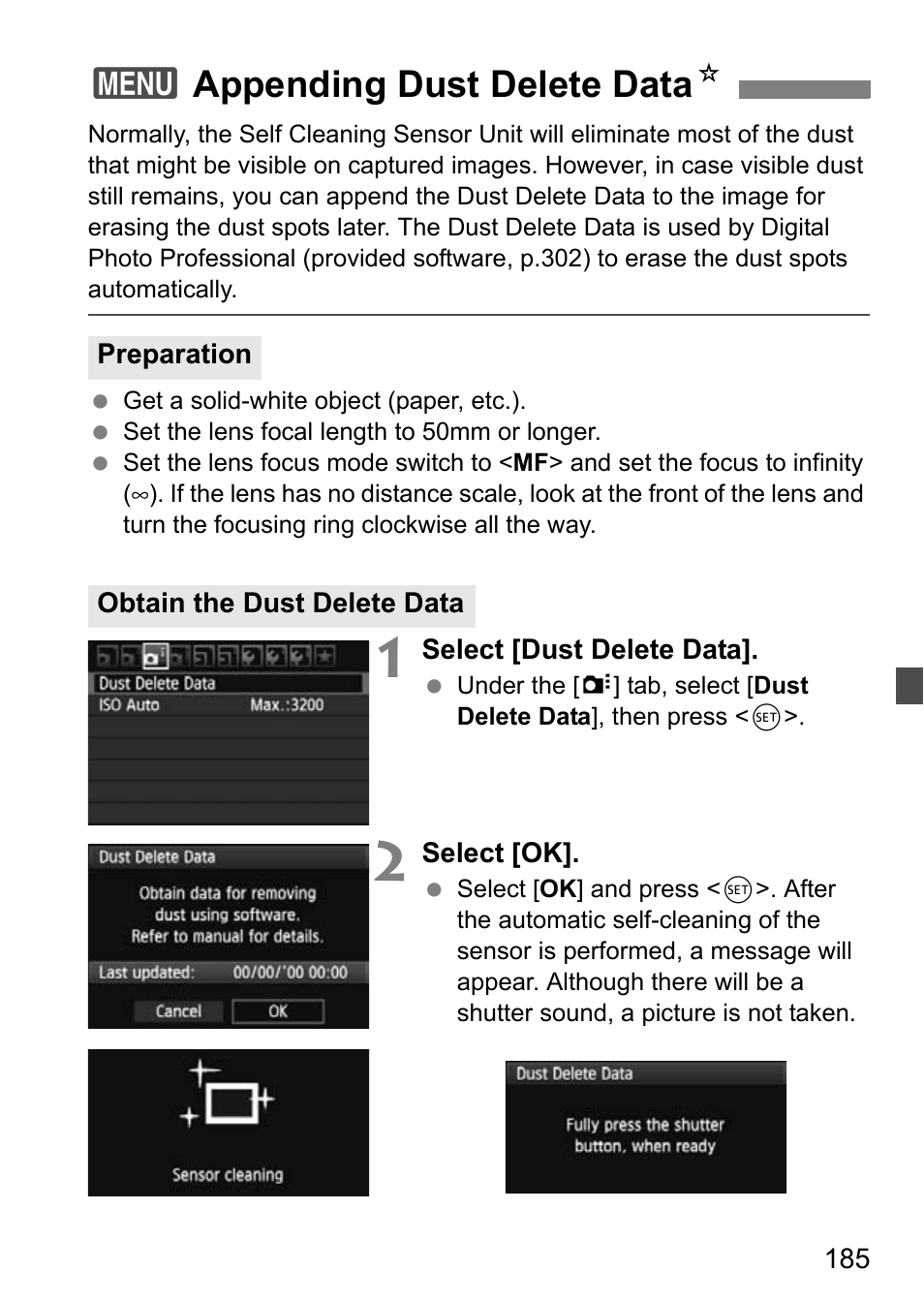 Appending dust delete data, 3appending dust delete data n | Canon EOS 600D User Manual | Page 185 / 328