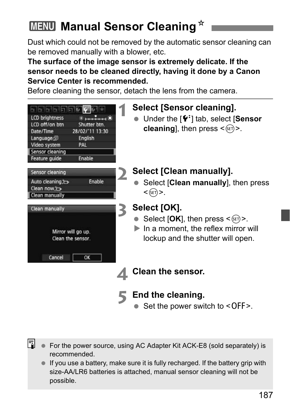 Manual sensor cleaning, 3manual sensor cleaning n | Canon EOS 600D User Manual | Page 187 / 328