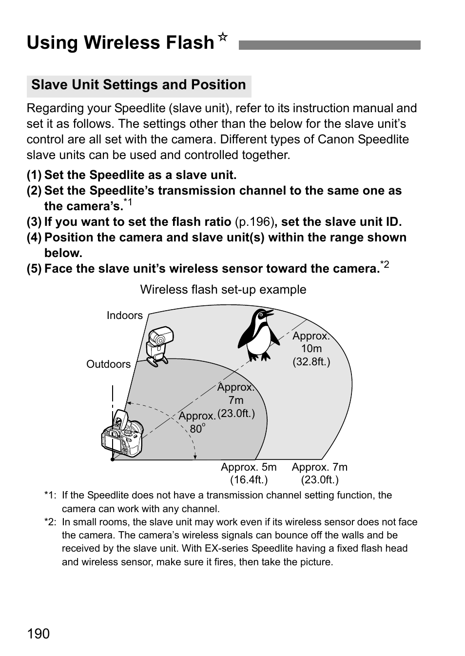 Using wireless flash, Using wireless flash n, Slave unit settings and position | Canon EOS 600D User Manual | Page 190 / 328