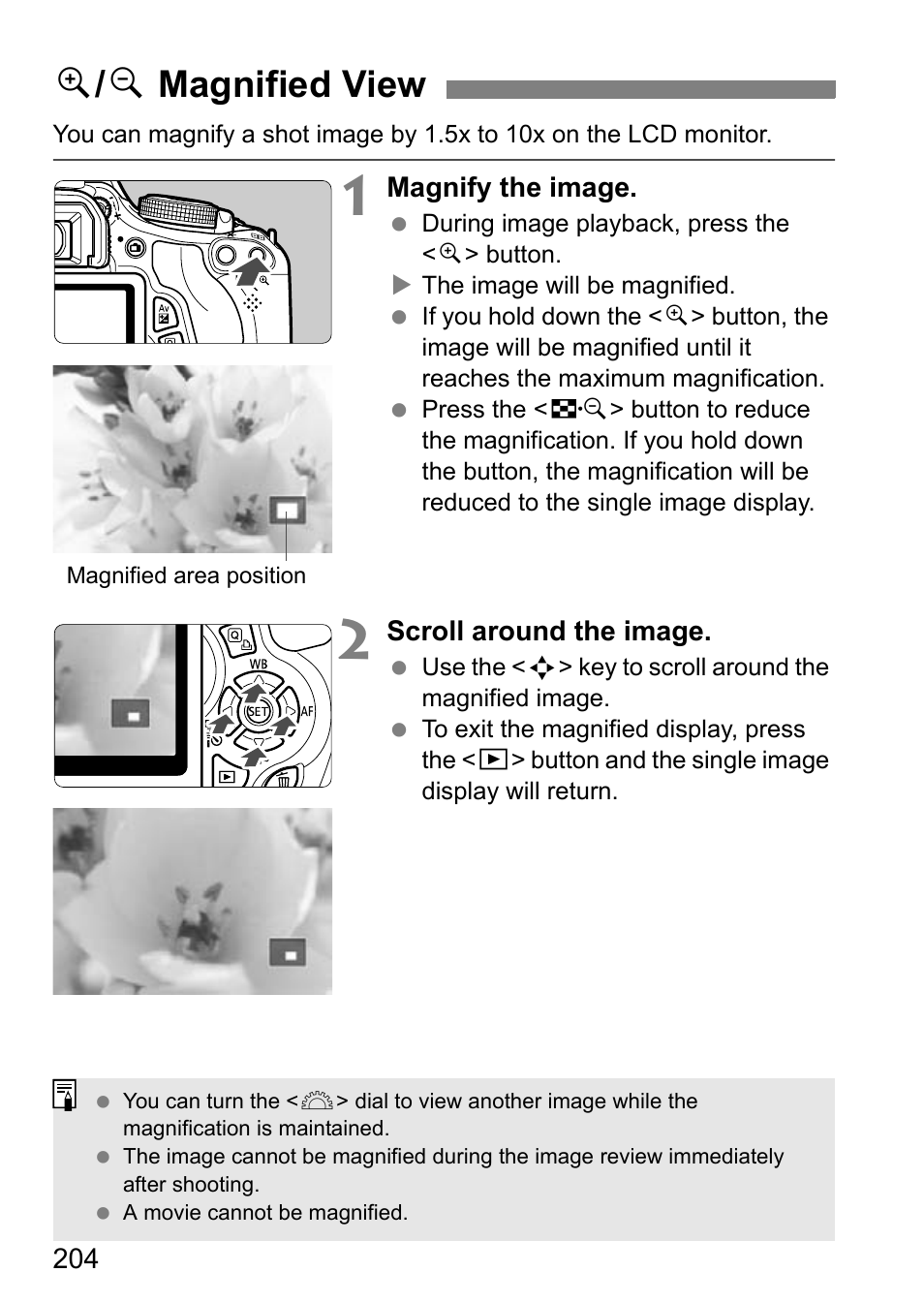 Magnified view, U / y magnified view | Canon EOS 600D User Manual | Page 204 / 328