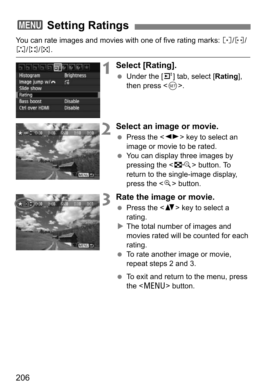 Setting ratings, 3setting ratings | Canon EOS 600D User Manual | Page 206 / 328