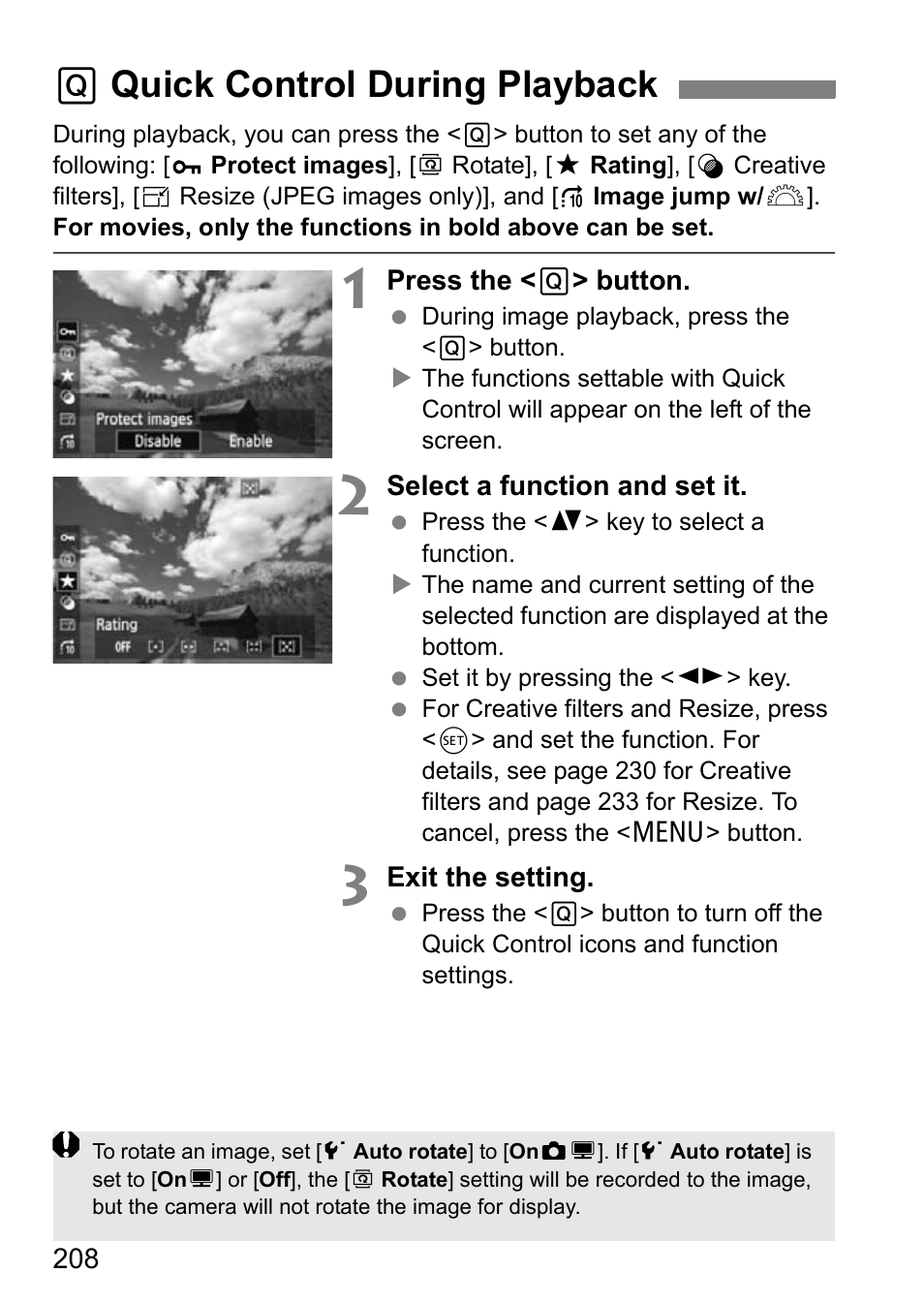 Quick control during playback, Q quick control during playback | Canon EOS 600D User Manual | Page 208 / 328