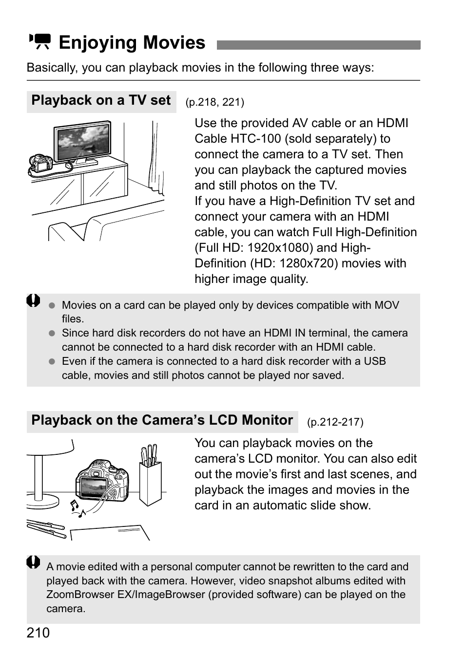 Enjoying movies, K enjoying movies, Playback on a tv set | Playback on the camera’s lcd monitor | Canon EOS 600D User Manual | Page 210 / 328