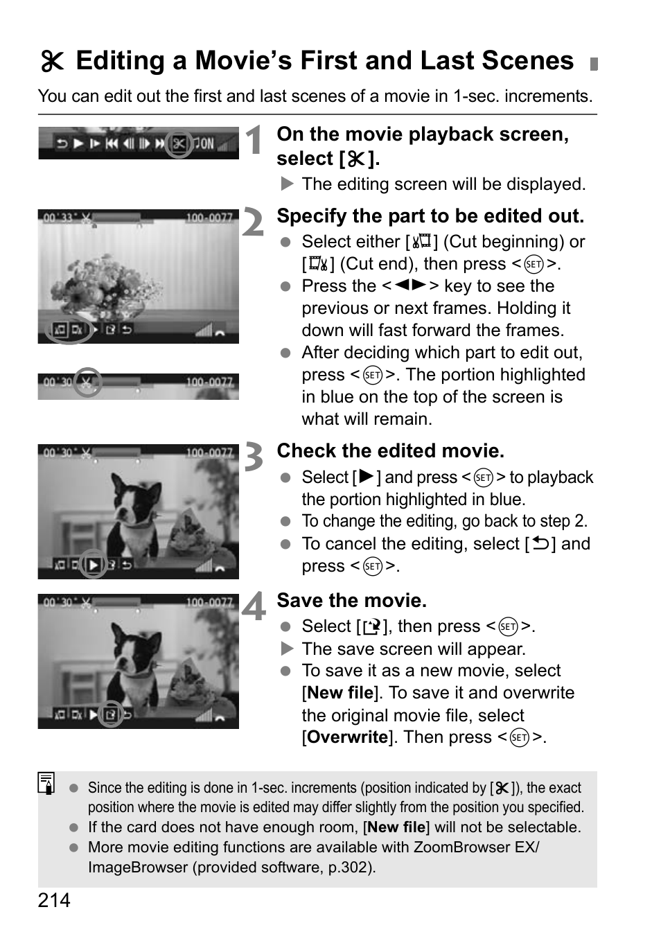 Editing a movie’s first and last scenes, X editing a movie’s first and last scenes | Canon EOS 600D User Manual | Page 214 / 328