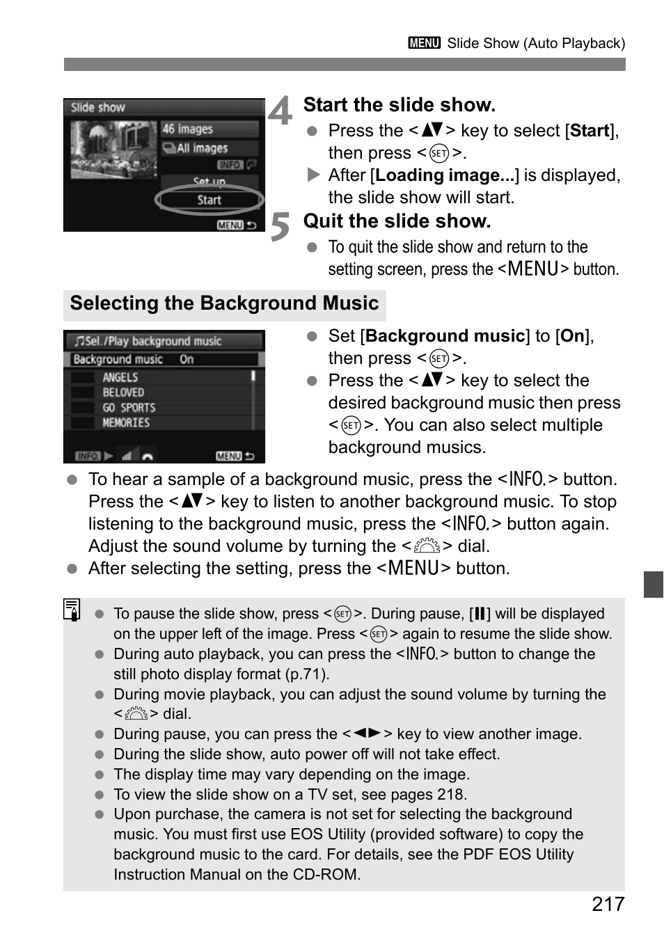 Start the slide show, Quit the slide show, Selecting the background music | Canon EOS 600D User Manual | Page 217 / 328