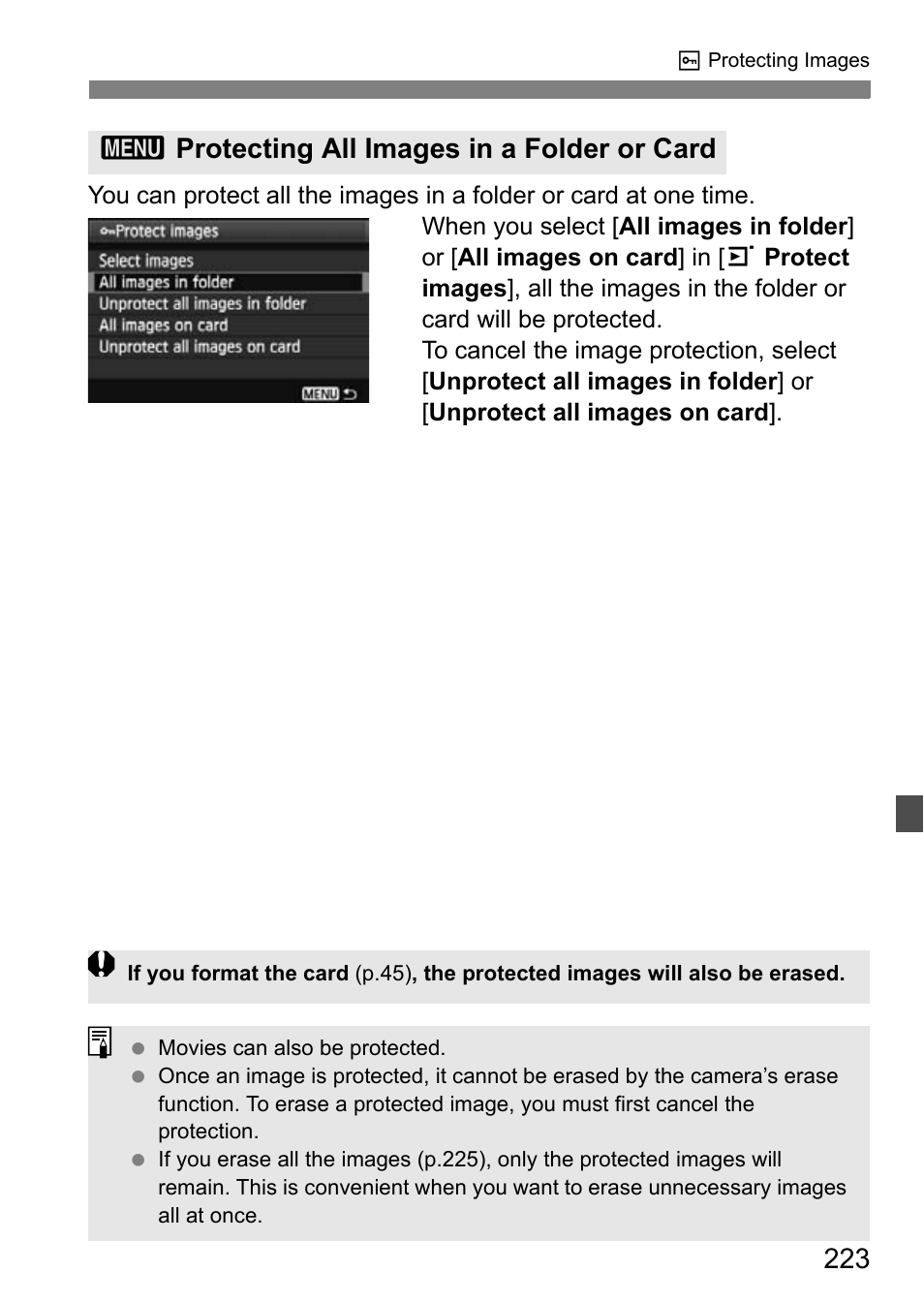 3protecting all images in a folder or card | Canon EOS 600D User Manual | Page 223 / 328