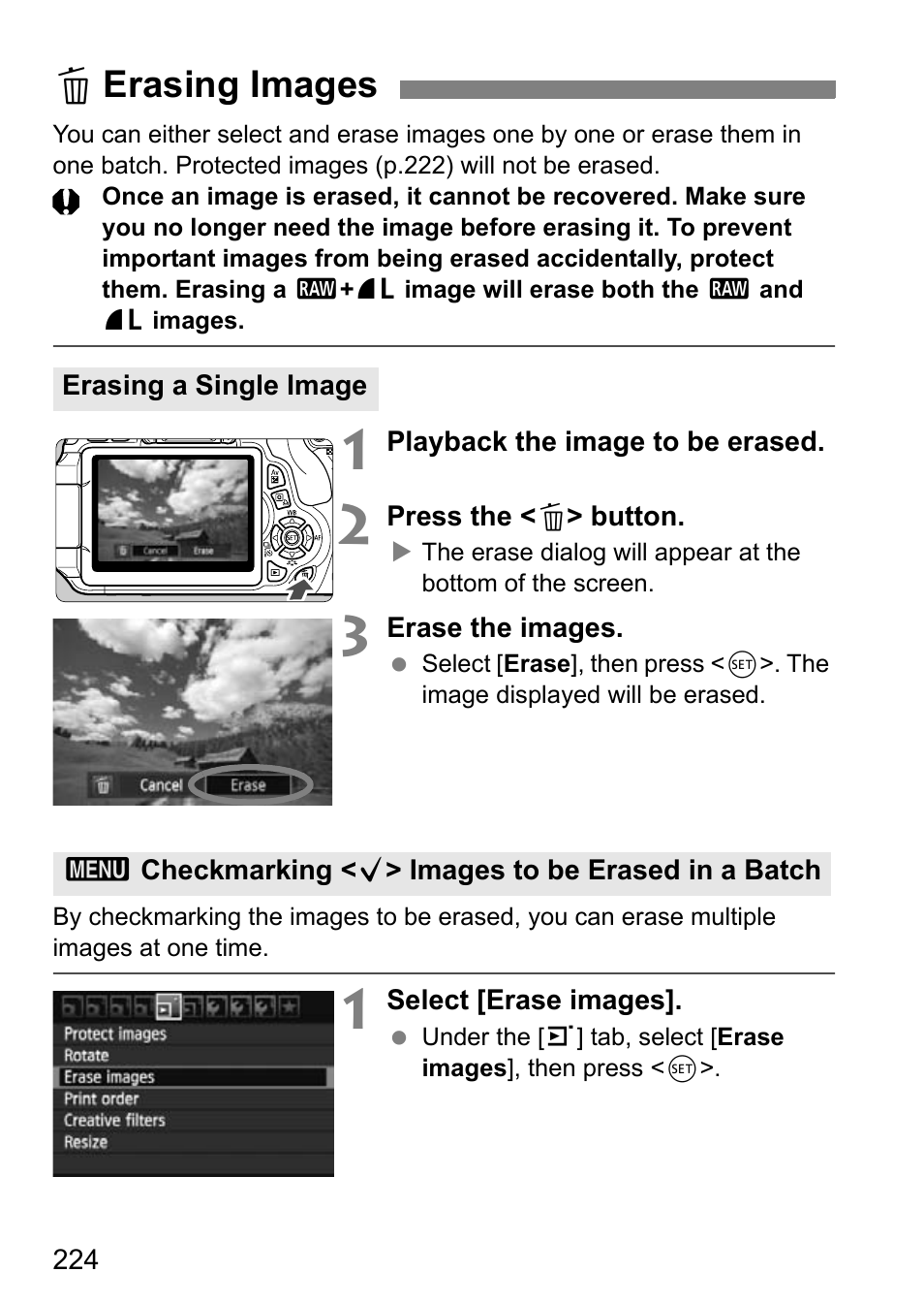 Erasing images, Lerasing images | Canon EOS 600D User Manual | Page 224 / 328