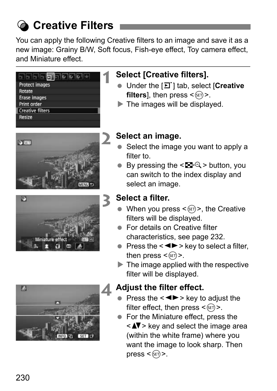 Creative filters, Ucreative filters | Canon EOS 600D User Manual | Page 230 / 328