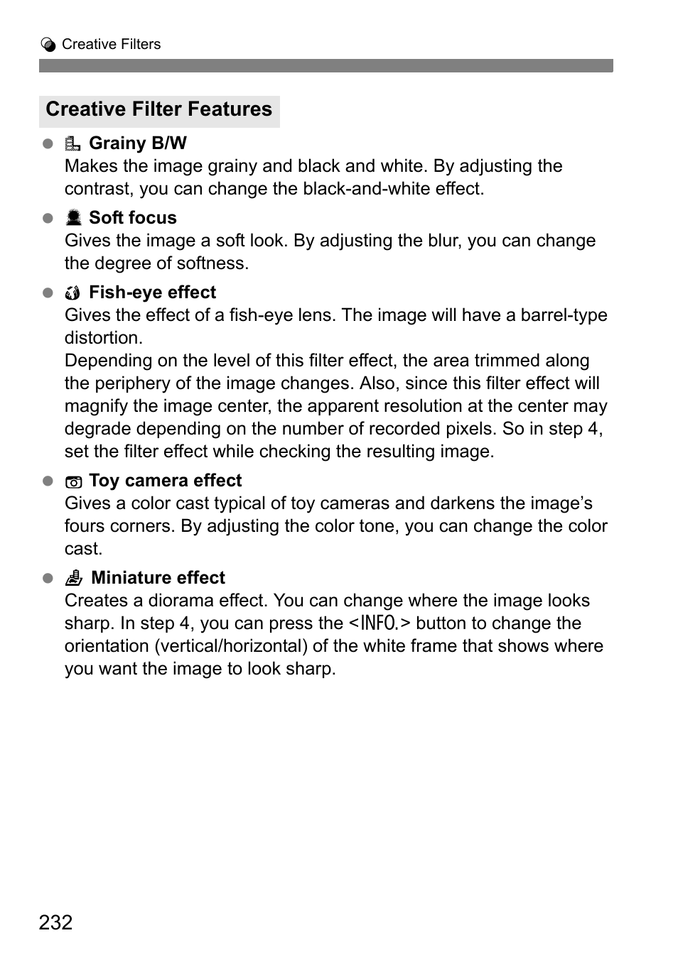 Creative filter features | Canon EOS 600D User Manual | Page 232 / 328