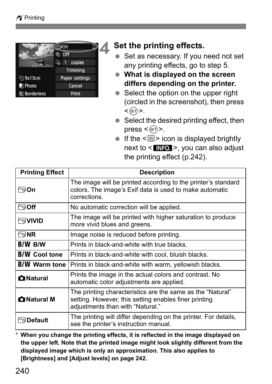 Set the printing effects | Canon EOS 600D User Manual | Page 240 / 328