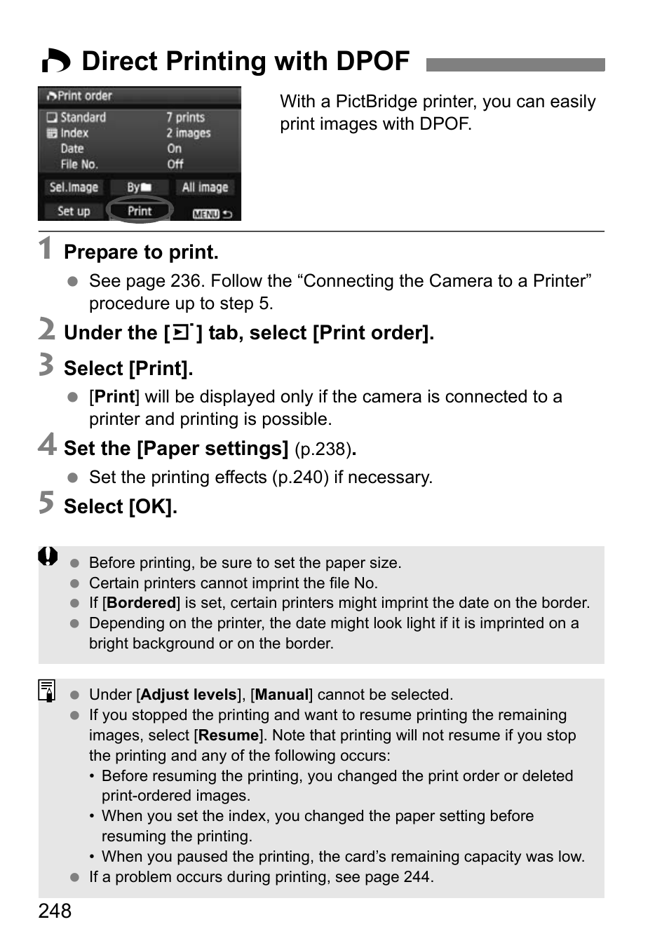 Direct printing with dpof, W direct printing with dpof | Canon EOS 600D User Manual | Page 248 / 328